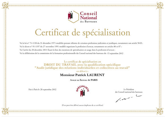 Certificat Patrick Laurent